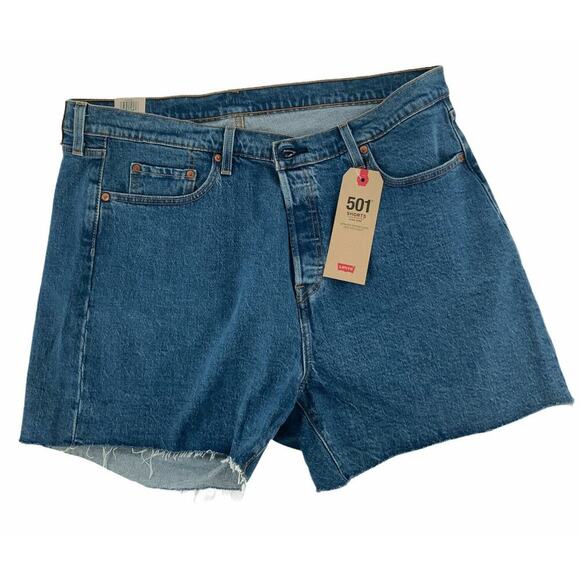 Levis 501 Red Tab Denim Shorts Womens Plus Size 22 High Rise Button Fly Cut Off - Picture 2 of 7